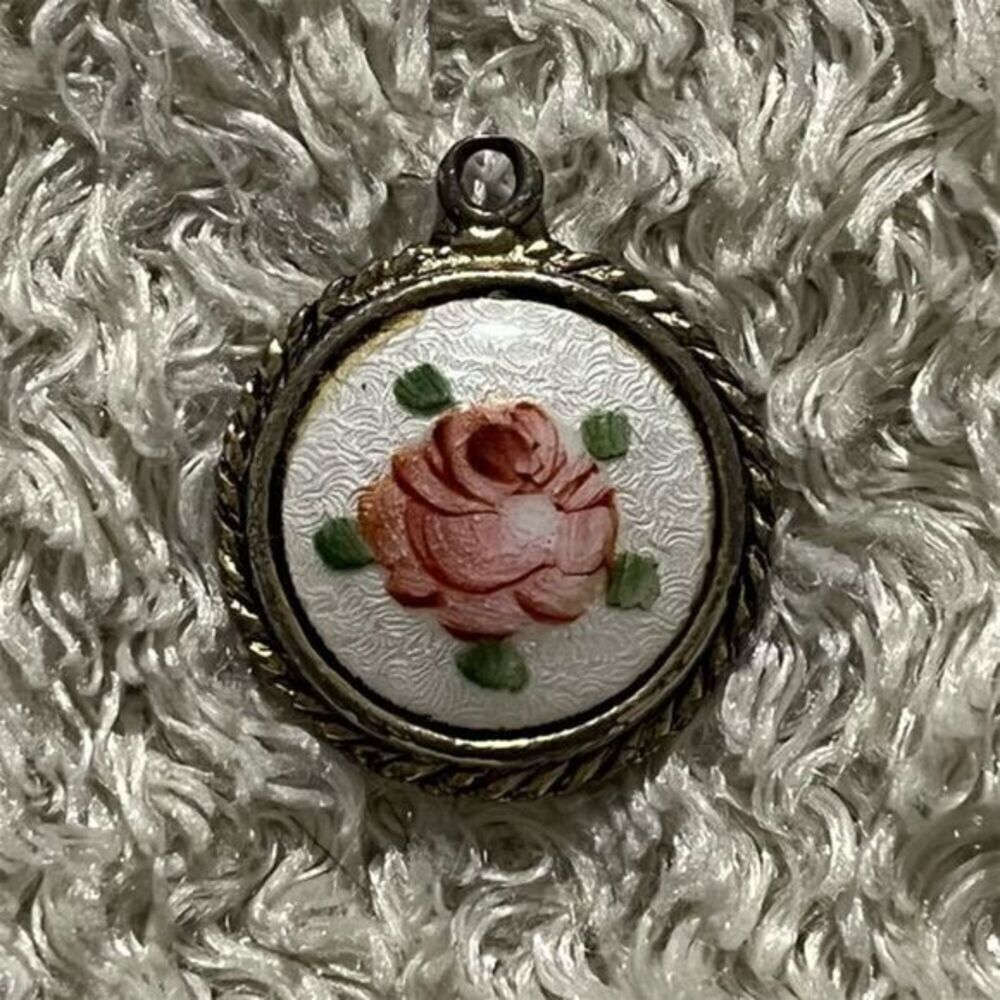 Vintage Floral Guilloche Enamel Rose Reversible Greek Coin Paz Pendant Victorian